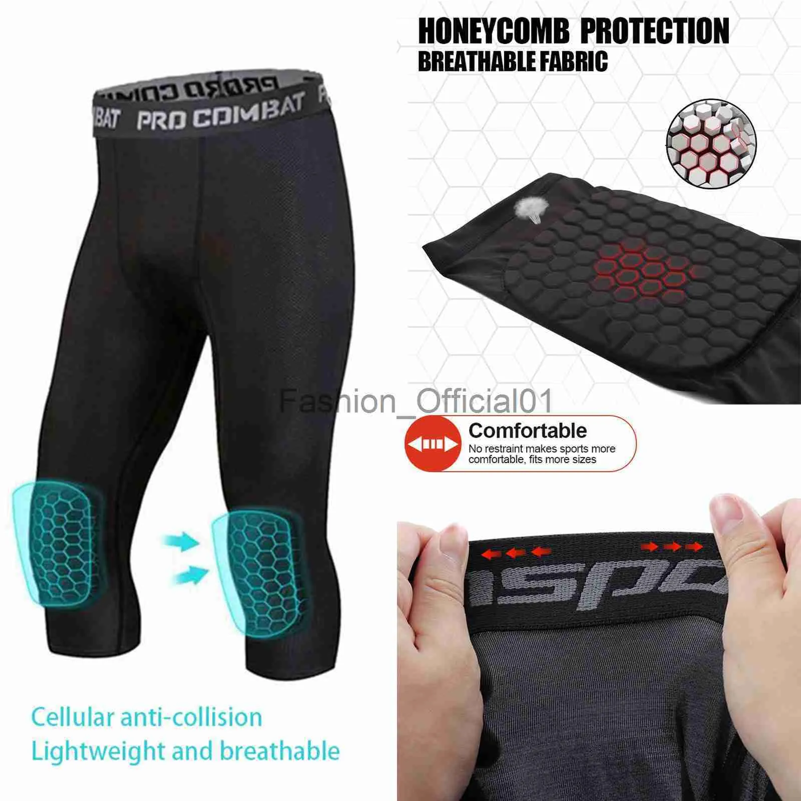Compression Pants with Knee Pads Honeycomb Padding 3/4 Length Not