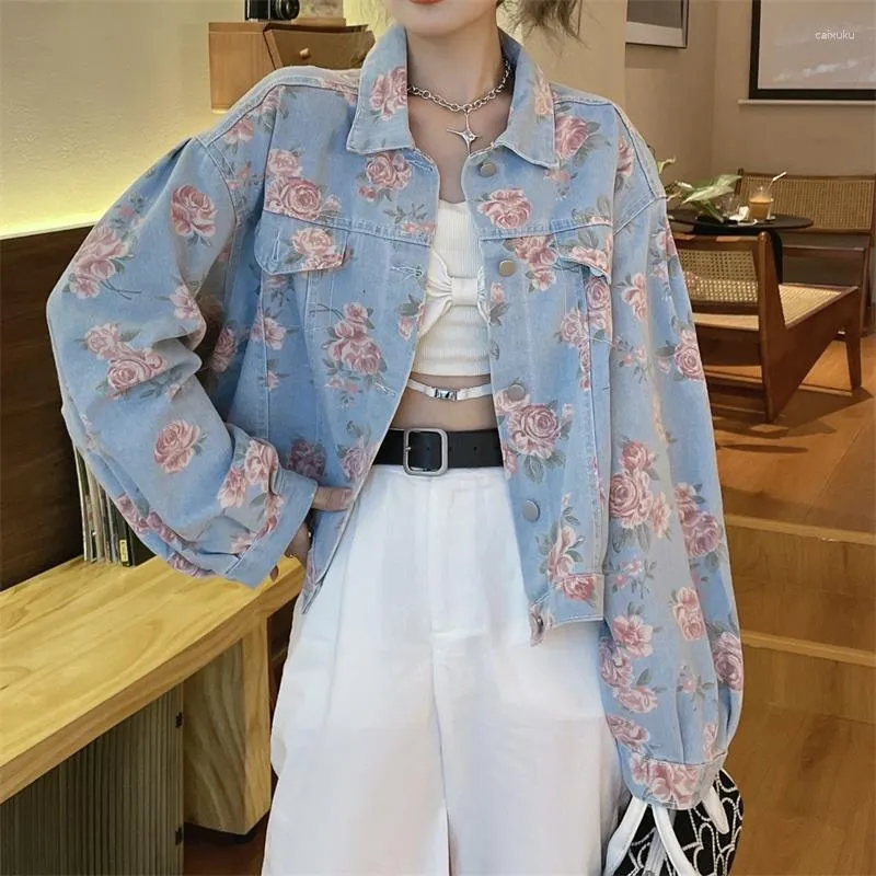 Chaquetas de mujer, chaqueta recortada de mezclilla, estampado Floral Vintage, pantalones vaqueros cortos de un solo pecho, abrigo suelto informal de manga larga para mujer