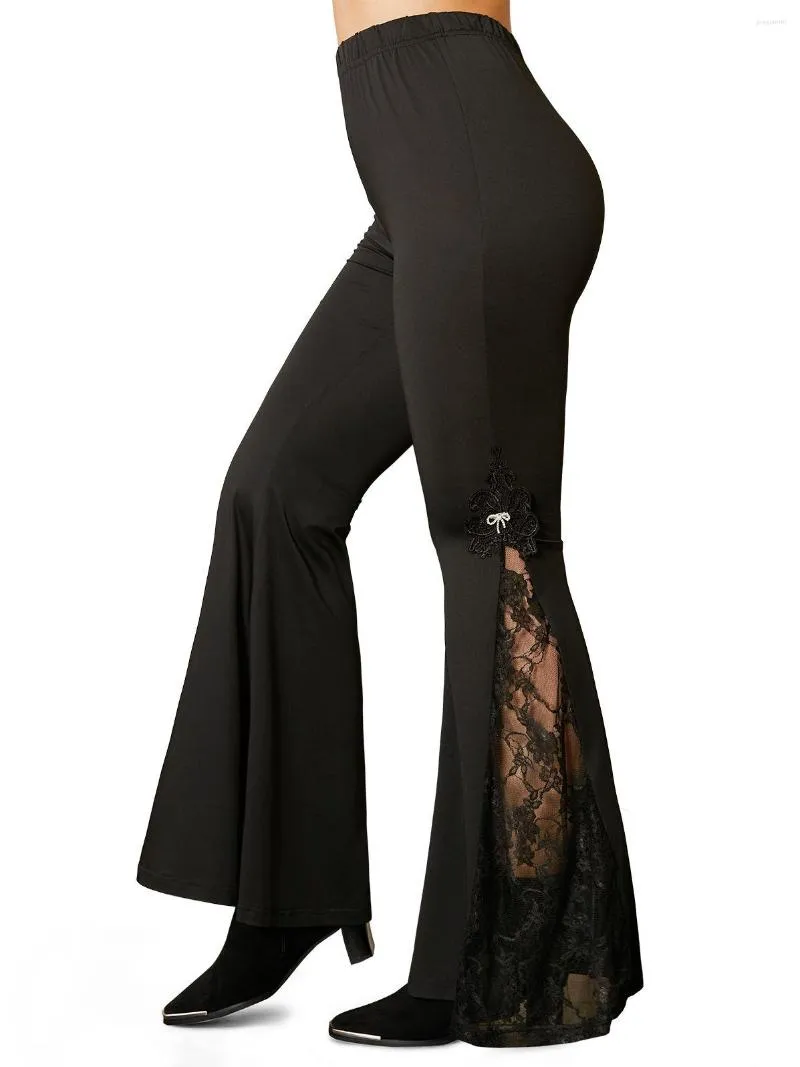 Pantalon femme solide noir femmes gothique automne broderie applique évasée fleur dentelle taille élastique maigre décontracté