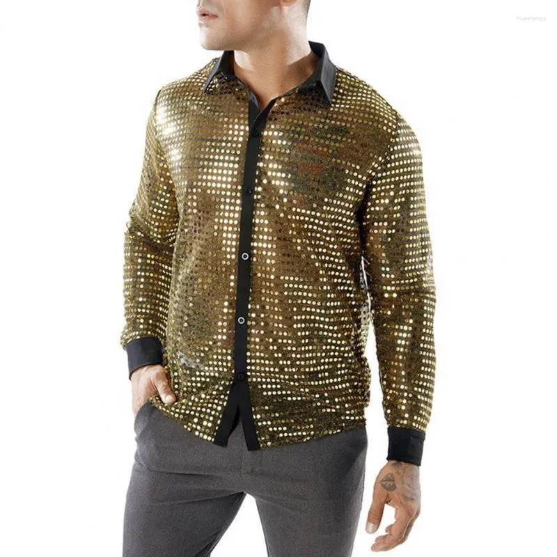 Chemises décontractées pour hommes Chemise à paillettes légère Hommes Vintage 70s Revers Disco Brillant Brillant Slim Fit Fête à poitrine unique