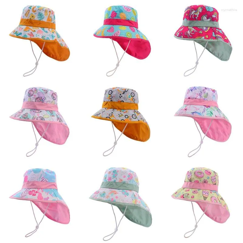 Boinas Grandes aleros impresos dibujos animados chal sombreros para niños viajes de verano protección solar gorra de playa niños y niñas cuello sombrero de cubo niños