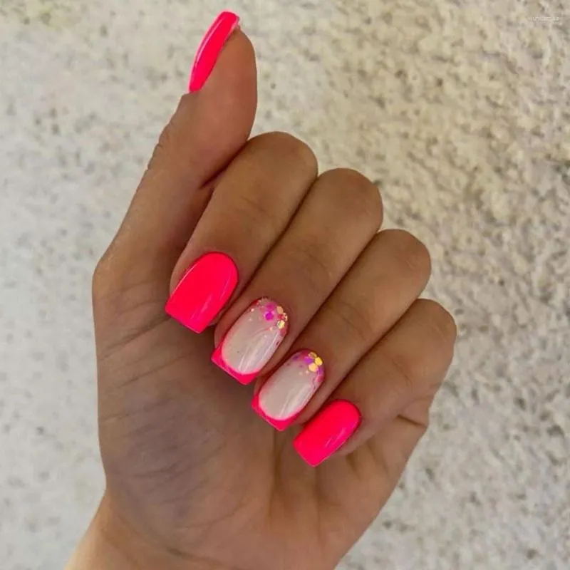 Falsas unhas quadradas longas Aurora Crush Flowers Tampa completa Nials falsos destacáveis ​​Rose Red French Press on DIY