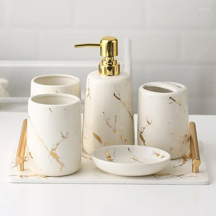 Bath Accessory Set Ceramic Marble Pattern Bathroom Kit Wash Accessories Tray Toothbrush Holder Liquid Soap Dispenser