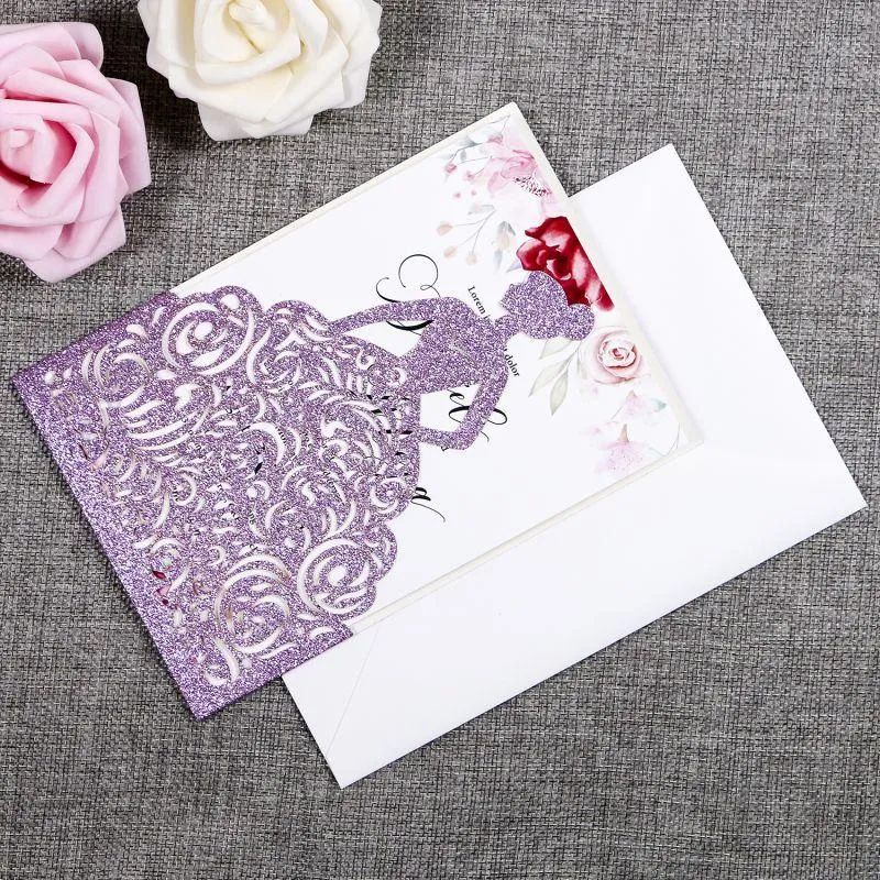 Gorgeous Laser Cut Light Purple Glitter Pretty Princess Invitations Cards For Birthday Cards Sweet Quinceanera Sweet 16th Engagement Invites