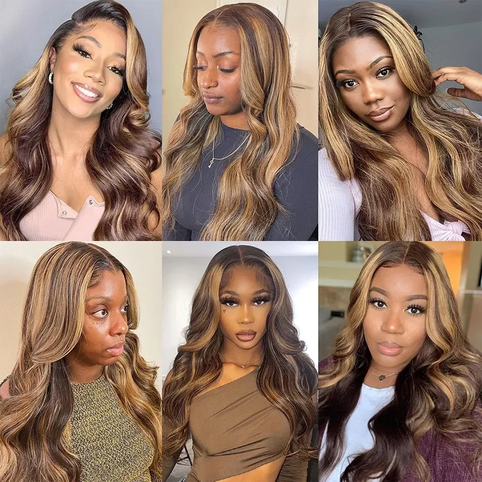 28 30 Inch Highlight Honey Body Wave 13x4 HD Lace Front Human Hair Wigs Remy Ombre Colored Wavy Lace Frontal Wigs for Women