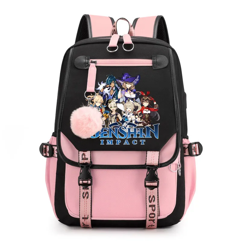 Schooltassen Canvas Genshin Impact Backpack Tieners Girls Girls STUDENT SCHOUDER TACHT USB LAPTOP 230823