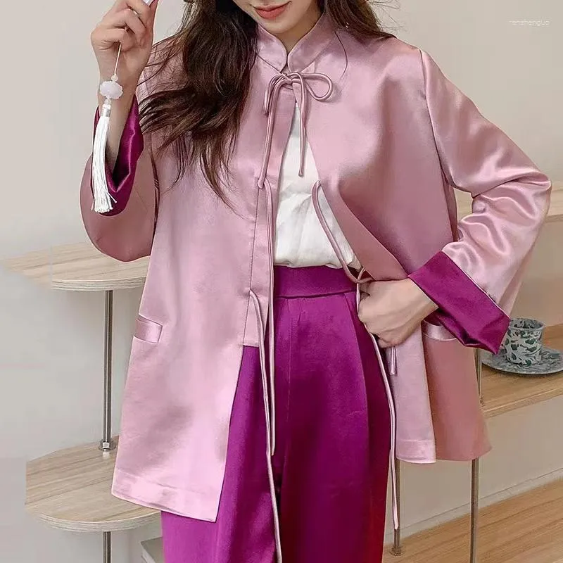 Women's Jackets High-Quality Chinese Style Stand Collar Single Breasted Top Spring Fashion Design Contrast Color Cuffs Jacket S-XL