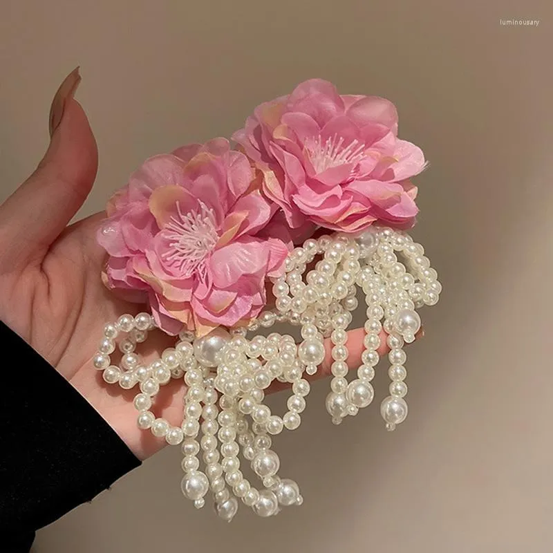 Kolczyki Dangle przędza różowe kwiaty Pearl frędzle kropla dla kobiet bohemia hiperbola duża żeńska plażowa biżuteria akcesoria