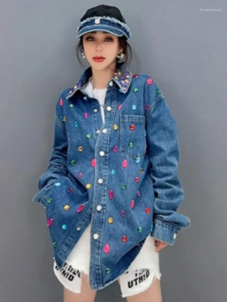 Camicette da donna Urior 2023 Spring Autumn Fashion Polo Collar Colore Diamond Giacca da camicia da jeans Inserisci Giacca da donna Blue Jeans Cardigan Coat