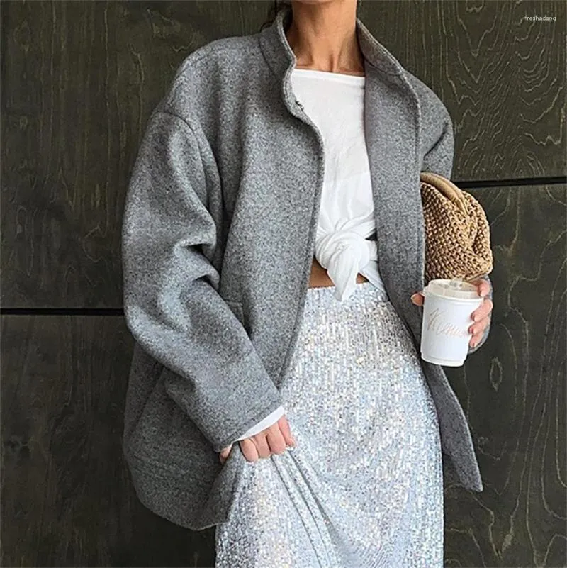 Damenjacken Frauen Herbst Winter grau Faux Wolljacke Mantel Mode warme Langarm -Schnappknopftaschen Büro Dame Oberbekleidung