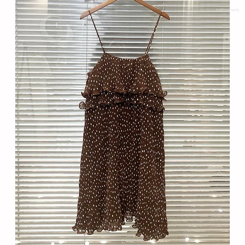 Casual Dresses Women Dress 2023 Summer Coffee Color Wave Dot Fashion Wooden Ear Edge Suspender