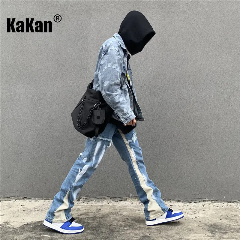 Jeans pour hommes Kakan High Street Wash Encre mouchetée épissé personnalisé droit lâche micro évasé long K027 G2490 230824