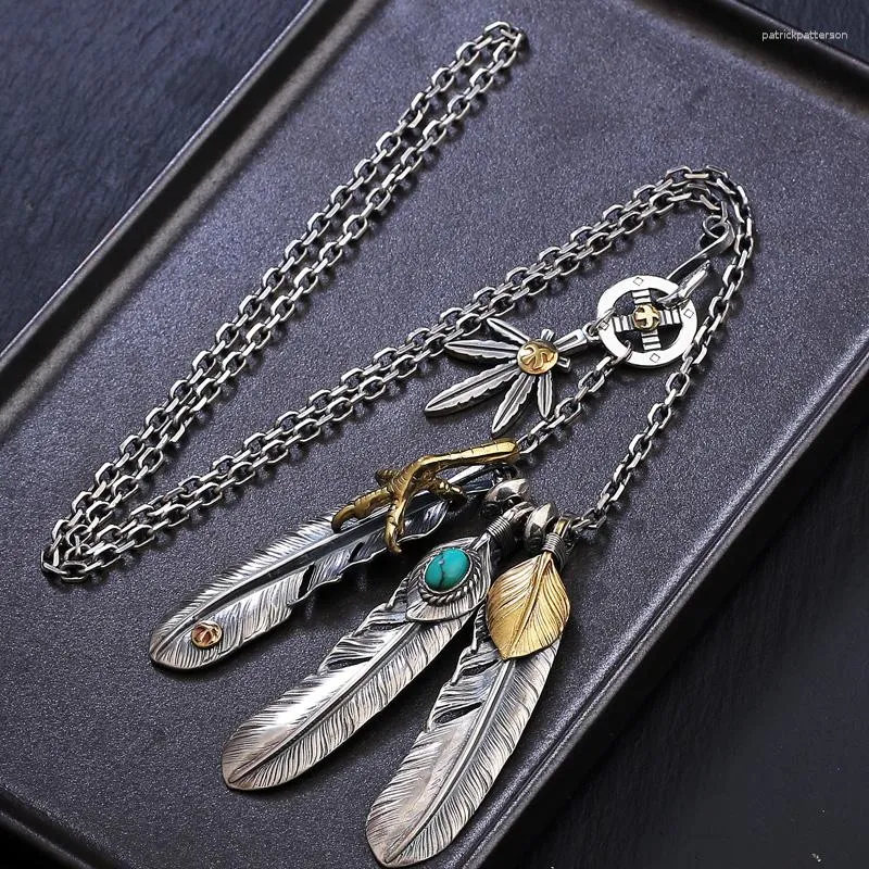 Hänghalsband qn silver färg vintage stil naturlig turkosa örn klo fjäderhalsband för kvinnor män tai vinkel kedja set smycken