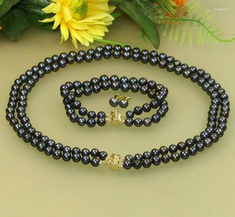 Ensemble collier et boucles d'oreilles 2 brins 8-9MM, bracelet en perles noires des mers du Sud, 18 à 19 pouces