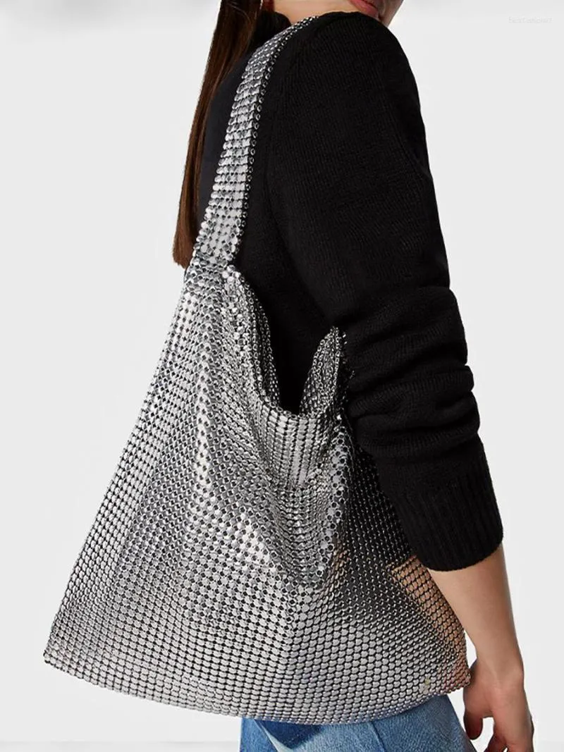 School Bags Fashion Metal Mesh Women Shoulder Designer Silver Handbag Shinny Wide Strap Evening Bag Glitter Large Tote Party Purse 2023 From 60 63 DHgate