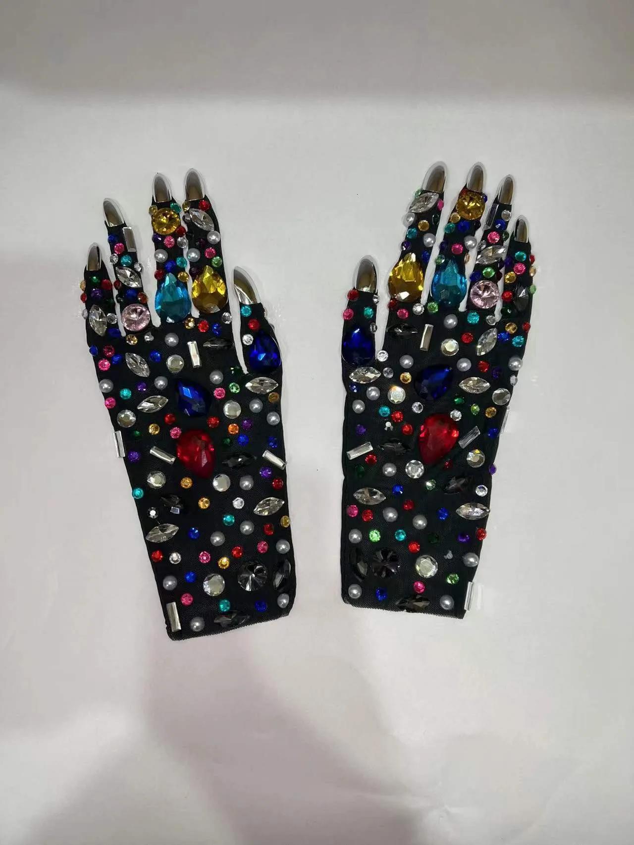 Five Fingers Gloves Luxurious Colorful Mesh Shining Crystal Short Nightclub Party Outfit Stage Performance Show Accessories 230824