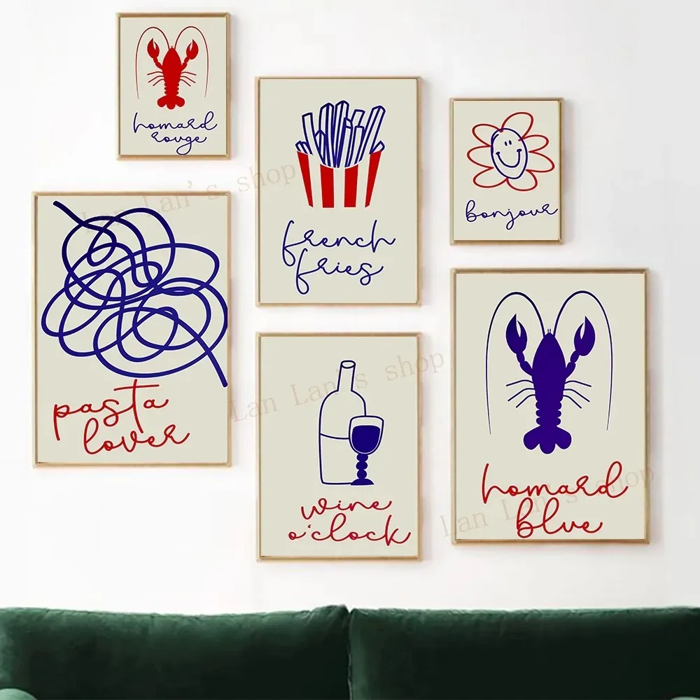 Affiche de ligne minimaliste Vintage abstraite, homard, vin rouge, spaghetti, frites, visage heureux, peinture sur toile, impression de restaurant, cuisine, décoration murale sans cadre Wo6