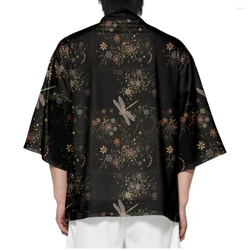 Ethnic Clothing Floral Dragonfly Print Loose Japanese Cardigan Men Beach Kimono Cosplay Tops Women Yukata