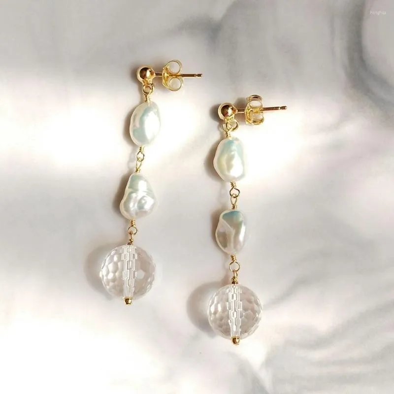 Boucles d'oreilles Lii Ji à haute brillance, perle baroque, pierre naturelle véritable, Quartz clair, luxueux, fait à la main