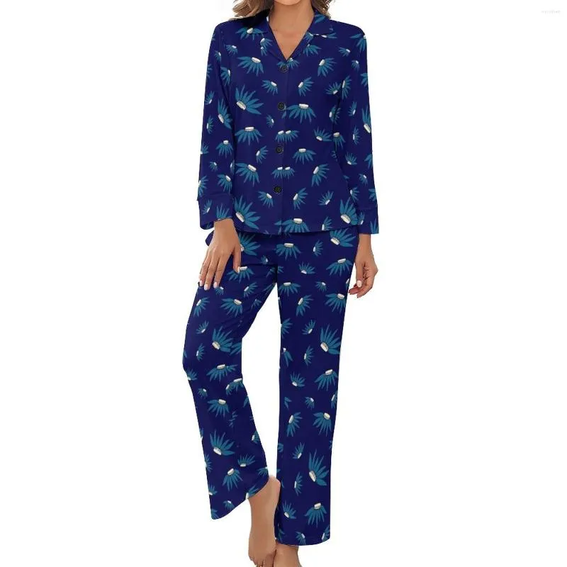 Women's Sleepwear Blue Daisy Floral Pajamas Autumn 2 Pieces Flowers Print Warm Pajama Sets Female Long Sleeve V Neck Aesthetic Graphic