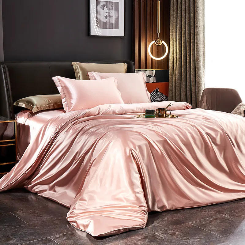 Juego de sábanas de seda satinada suave de color sólido con bolsillo  profundo tamaño King, ropa de cama de satén refrescante y suave + fundas de