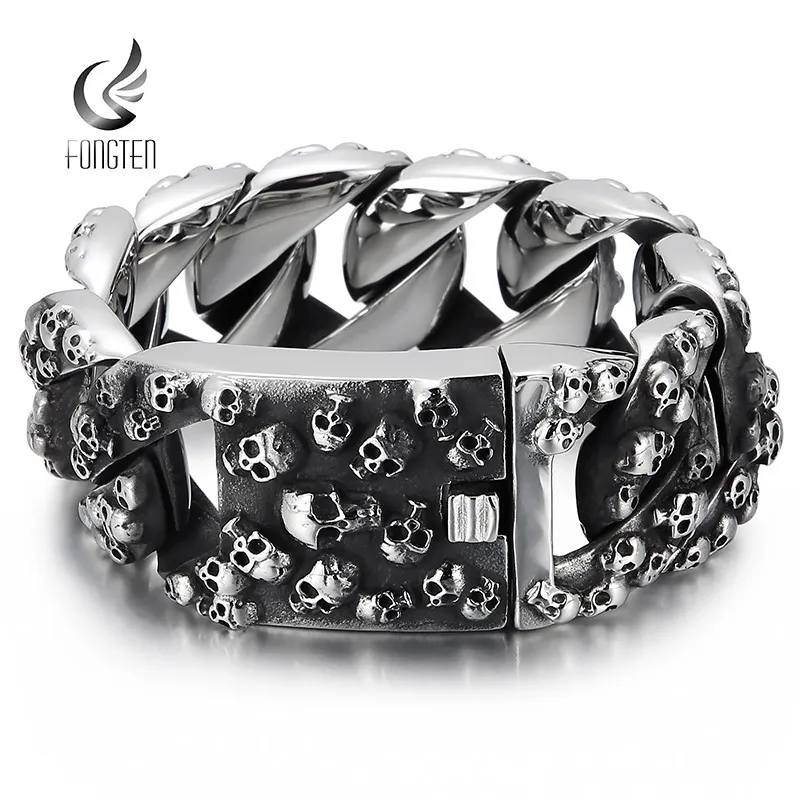 Bangle Fongten Men Punk Skull Bracelets Stainless Steel Heavy Skeleton Cuban Link Chain Bracelet For Men Neo-Gothic Viking Jewelry 230824