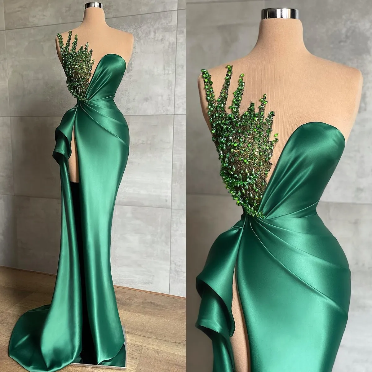 Green Mermaid Evening Dresses Beads Collar Party Prom Pleats Split Formal Long Red Carpet Dress For Special Ocn