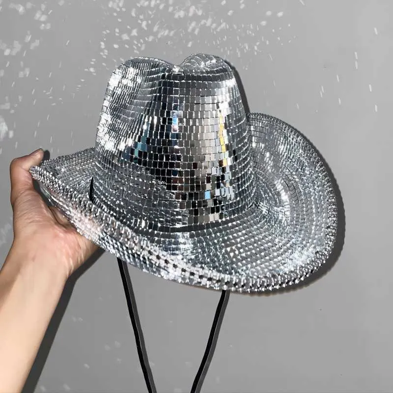 Chapeau cowboy à paillette couleur argenté pour fête disco, carnaval.