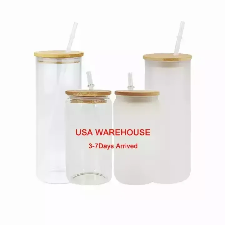 USA/CA 16oz sublimation glass blank with bamboo lid frosted beer tank borosilicate tumbler mason tank with plastic straw /carton