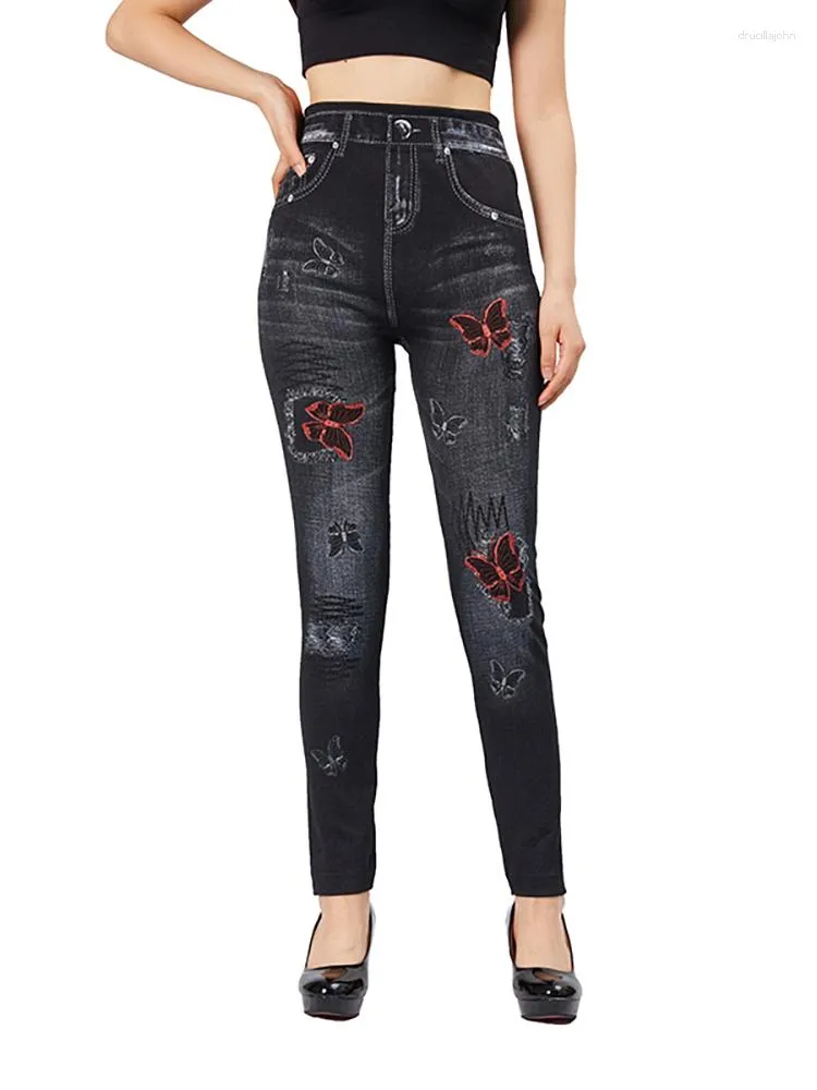 CUESKCI Womens Red Butterfly Print Slim Fit Faux Denim Distressed