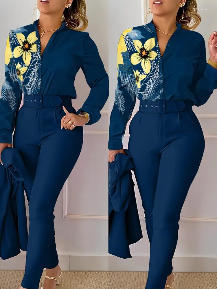 Pantalon deux pièces pour femmes, chemise à imprimé Floral baroque, ensemble taille haute