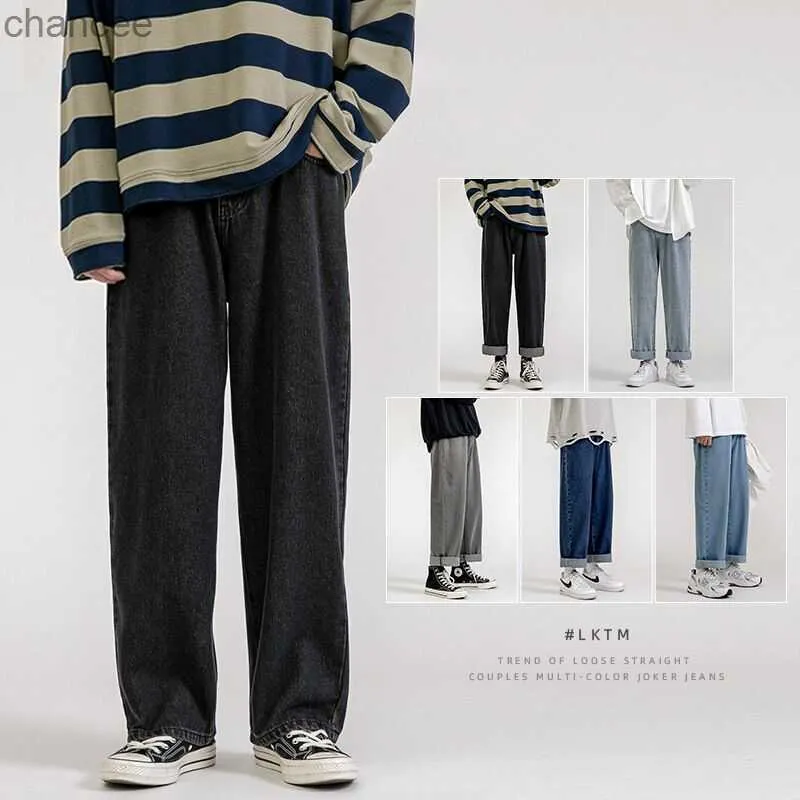 2023 New Korean Fashion Men's Baggy Jeans Classic Unisex Man Straight Denim Wide-Leg Pants Hip Hop Bagy Light Blue Blacklf20230824。