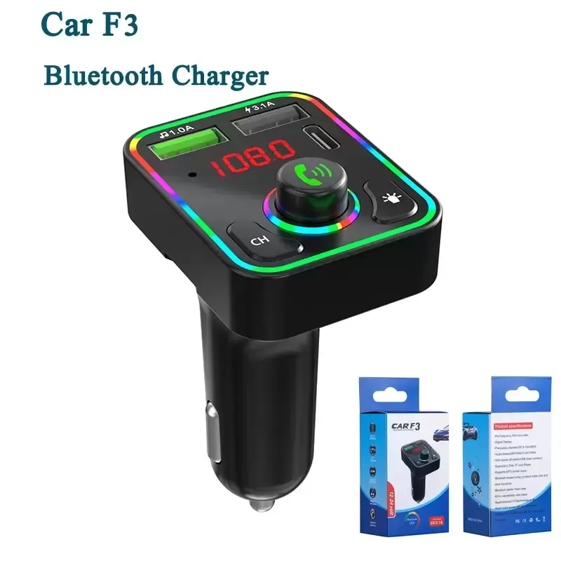 Car  BT5.0 FM Transmitters F2 F3 F4 F5 F6 F7 F8 F9 F10 Rainbow LED Dual USB Fast Charging PD Type C Ports Handsfree Audio Receiver Auto MP3 Player for Cellphones