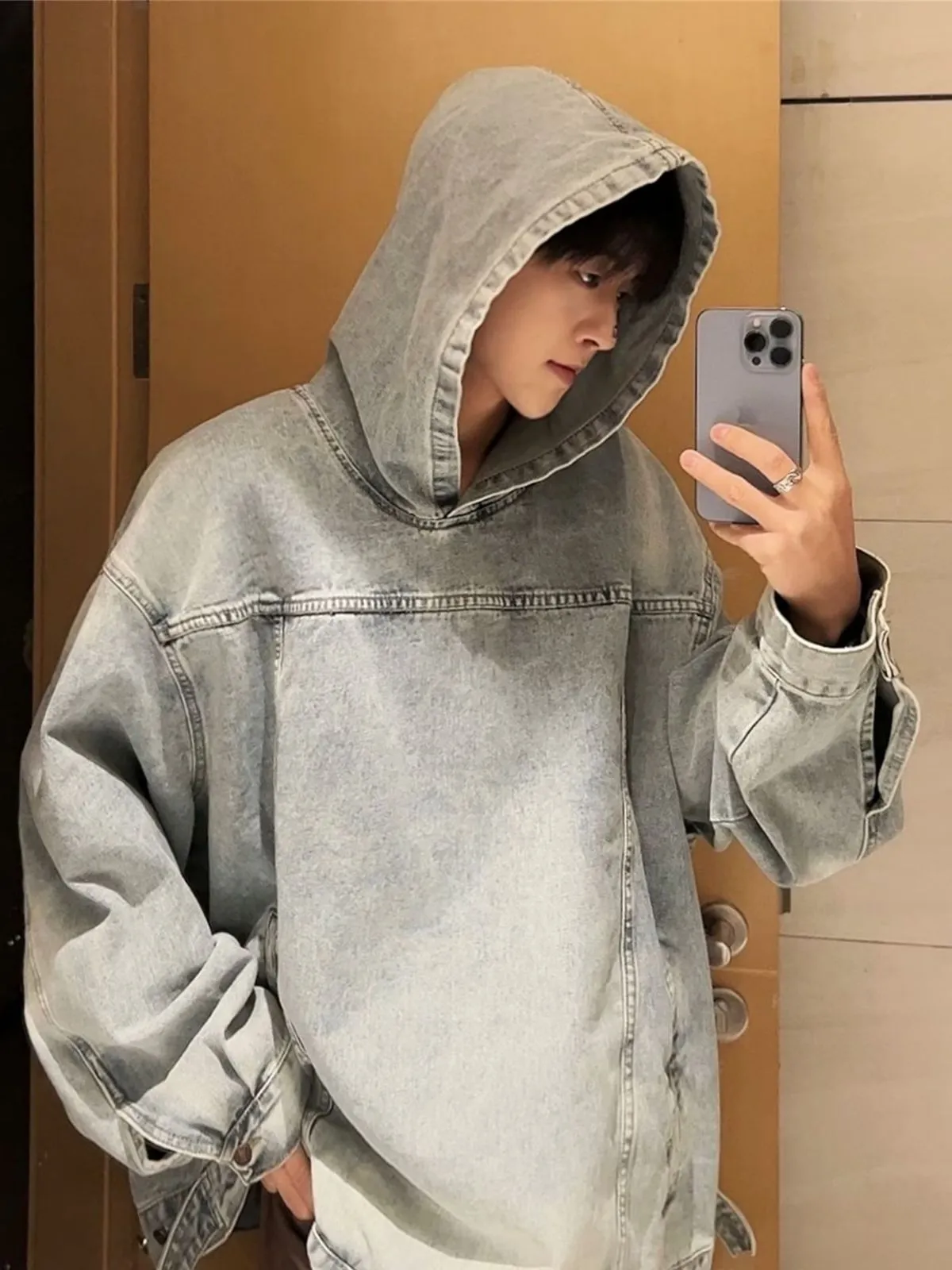 Sudadera Con Capucha De Jeans Lavada Para Hombres: Negro