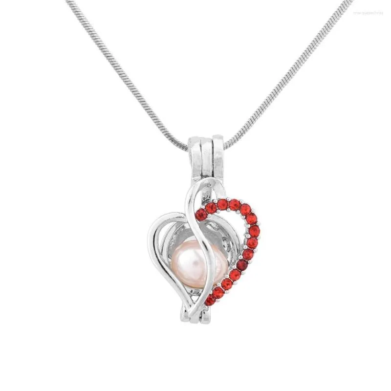 Hänghalsband söta lovley 18 kgp hjärta med röda kubiska zirkoniumburhalsband kan öppna, håll en 8,2 mm pärl -DIY -monteringslock charm
