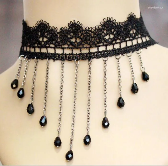Chaînes gothique exquise dentelle noire collier cristal gland collier chaîne mode personnalité bijoux