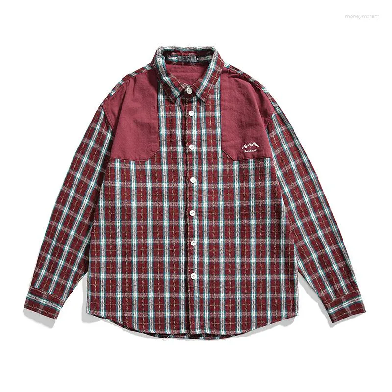 Herren lässige Hemden im Freien im Freien im Freien im Freien im Freien im Outdoor -Kontrast kariertes Bergdruck Langarm Shirt Herren Streetwear Herumn Lose Hip Hop Button up männlich