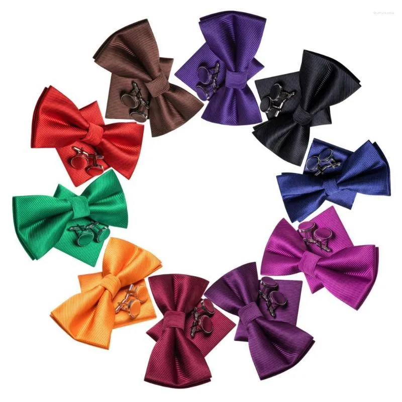 Bow Ties Hi-Tie 10 PCS SILK MENS TIE HANKY CUFFLINKS SET Classic Solid Pré-lié Bowl