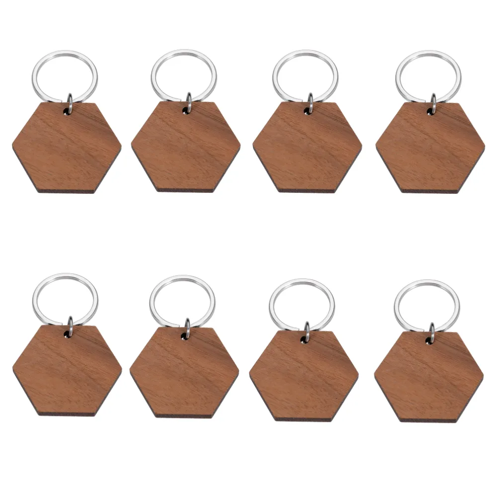 Tornari cordini 10pcs in legno in legno keychain incisione esagonale ID keyring Nome personalizzato Accessori fai -da -te per iD gatto cane accessori per animali domestici 230823