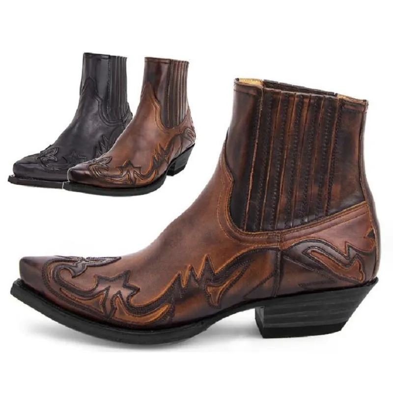 Bottes de Cowboy en cuir pour hommes et femmes, chaussures de chevalier Vintage, pointues à talon moyen, bottes de moto décontractées pour femmes, 1AA39