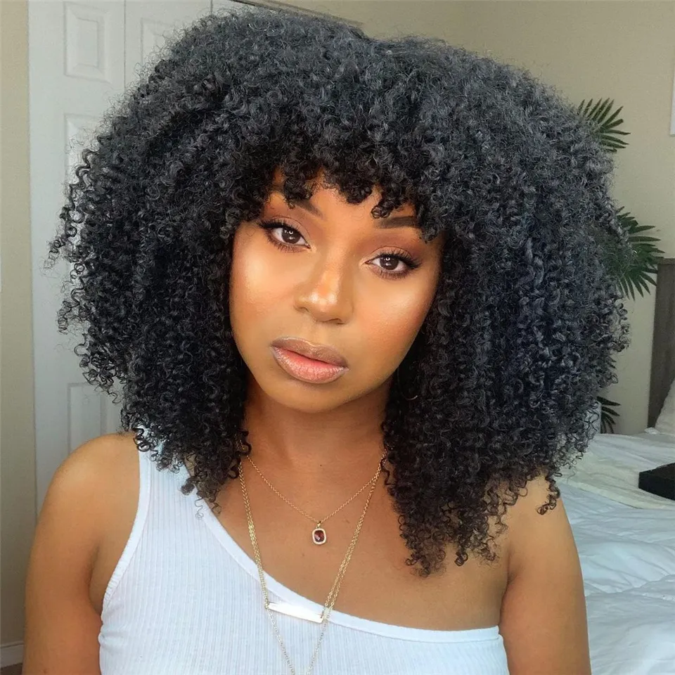 Kinky Curly Pixie Cut Bob Human Hair Wig with Bangs Full Machine Wigs for Black Women Remy PrePlucked with Baby Hair Brazilian