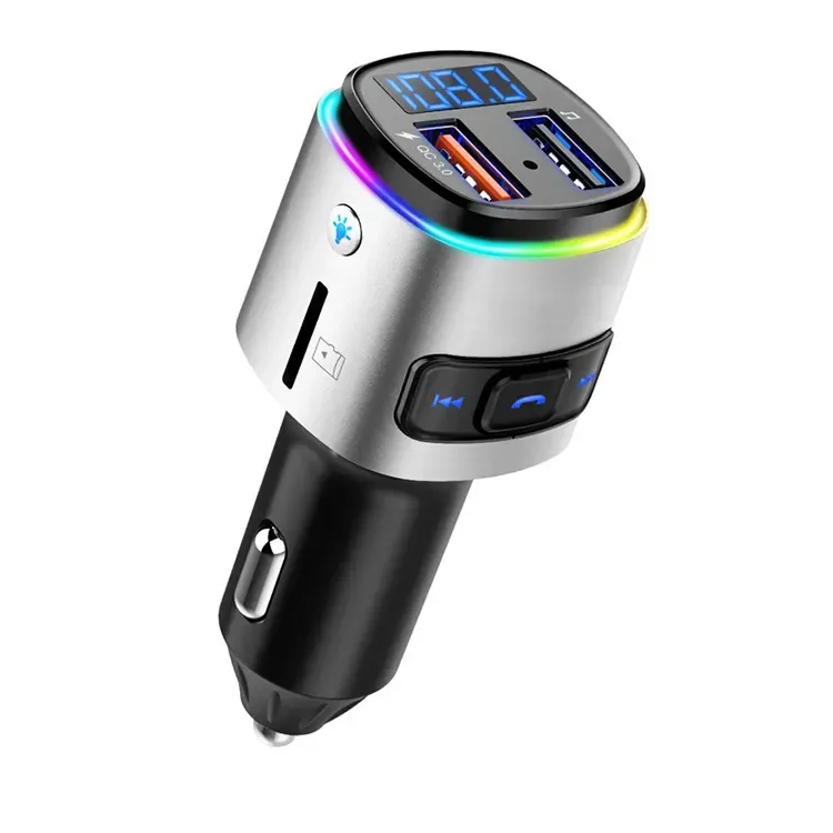 BC41 Pulsante Switch LED Rainbow Dual USB Car Chargers FM Adattatore radio MP3 wireless QC3.0 Adattatore display wireless