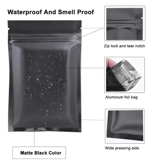 Black Resealable Smell Proof Bags Mylar Bags Matte Black Foil Pouch Double-Sided Flat Zipper Bag Wholesale