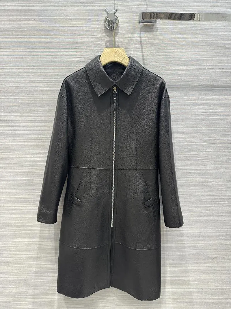 Women's Jackets Early Autumn Top Lychee Grain Lambskin Long Coat Coat! Super Fine Leather! Minimalist Style