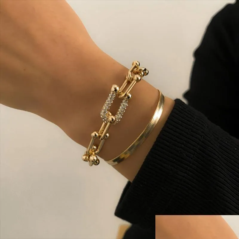 Chain Link Crystal U-Shaped Buckle Metal Bangle Bracelet Statement Gold Sier Color Fashion Pseras Women Bijoux Gift Drop Delivery Je Dhyim