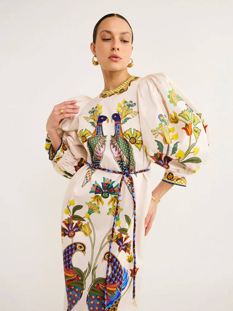 Boho Bird Print Summer Dress: Casual V-Neck Aline Maxi with Belt Holiday  Beach Floral Long Robe for Women Colorful Comfortable - Main Image