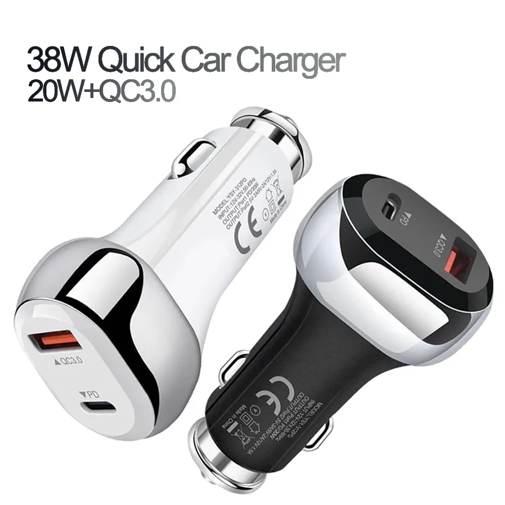 38W Quick Car Charger 20W QC3.0 Electronic Car Accessories Mobile Phone Usb Dual Ports High Power Usb Car Power Charger Fast Charging Car Pd