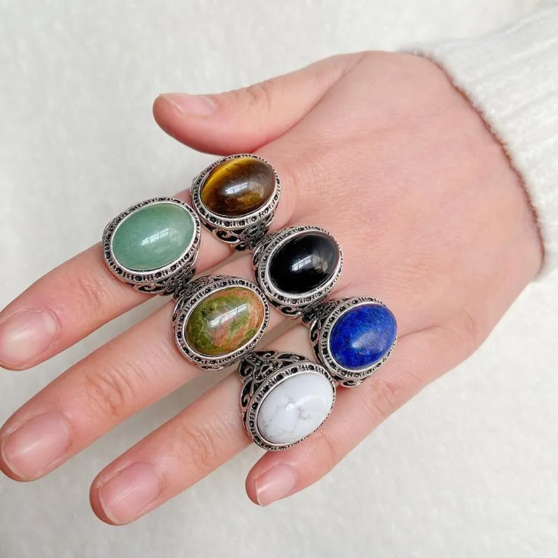 Bagues de cluster Vintage Bague en pierre naturelle Ovale Tiger Eye Lapis Lazuli Boho Open Joint Réglable Femme Hommes Bijoux Accessoire