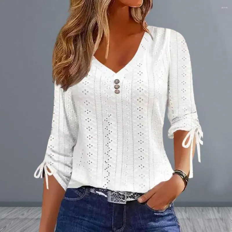 Blusas de mujer Top elastico para mujer camiseta de primavera con encaje elegante con cuello en V y manga larga con botones camiseta informal