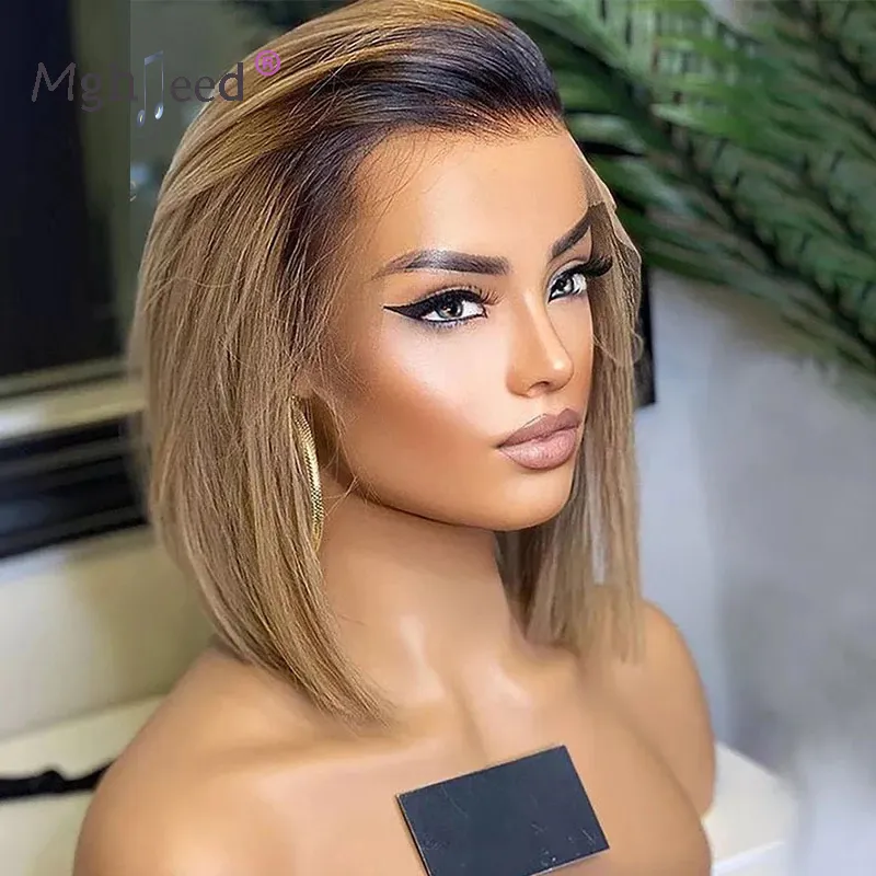 220%density Ombre Blonde Human Hair Short Bob Wig Virgin Brazilian 360 Full Lace Frontal Wig for Black Women with Baby Hairs